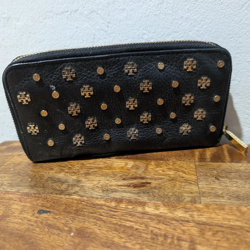 RARE Tory Burch rare black leather with‎ gold logos & studs wallet